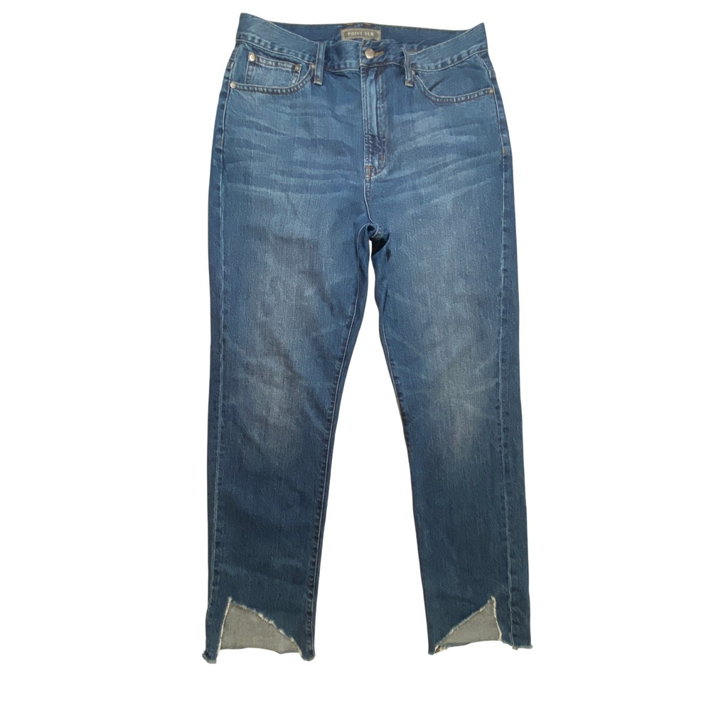 POINT SUR Women's Blue Wash Straight Leg Jeans with Raw Hem Size 30T 30 Tall